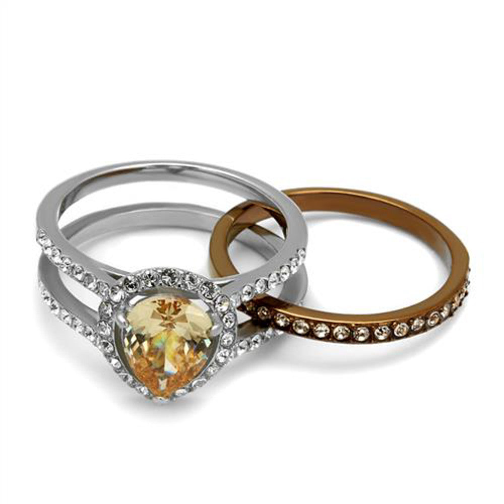 ARTK2961 Two Toned Stainless Steel 2.08 Ct Pear Cut Champagne Zirconia Wedding Ring Set